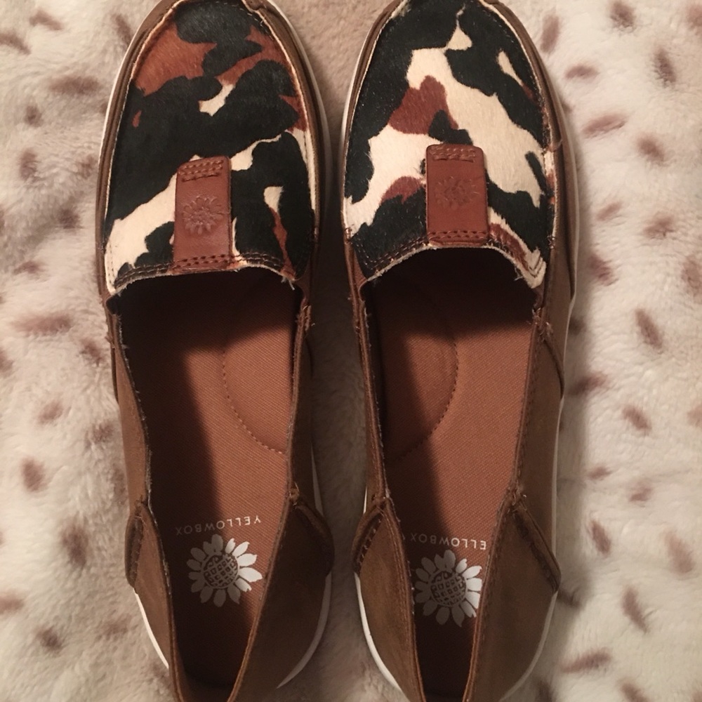 Yellow Box brand; Oleviah style cowhide print; 8.5/9 medium slip-ons.